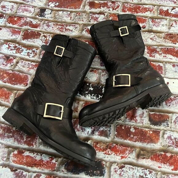 Jimmy Choo black leather Moto style boots with soft gold buckle made in Italy - Picture 1 of 6